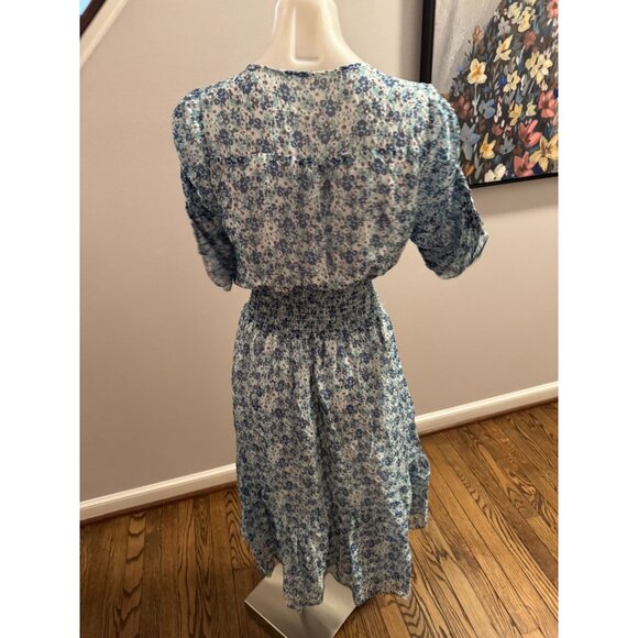 SHOSHANNA Smocked Loose Fit Midi Dress Breeze Blue White Floral Ruffle Size 0 - Picture 5 of 5